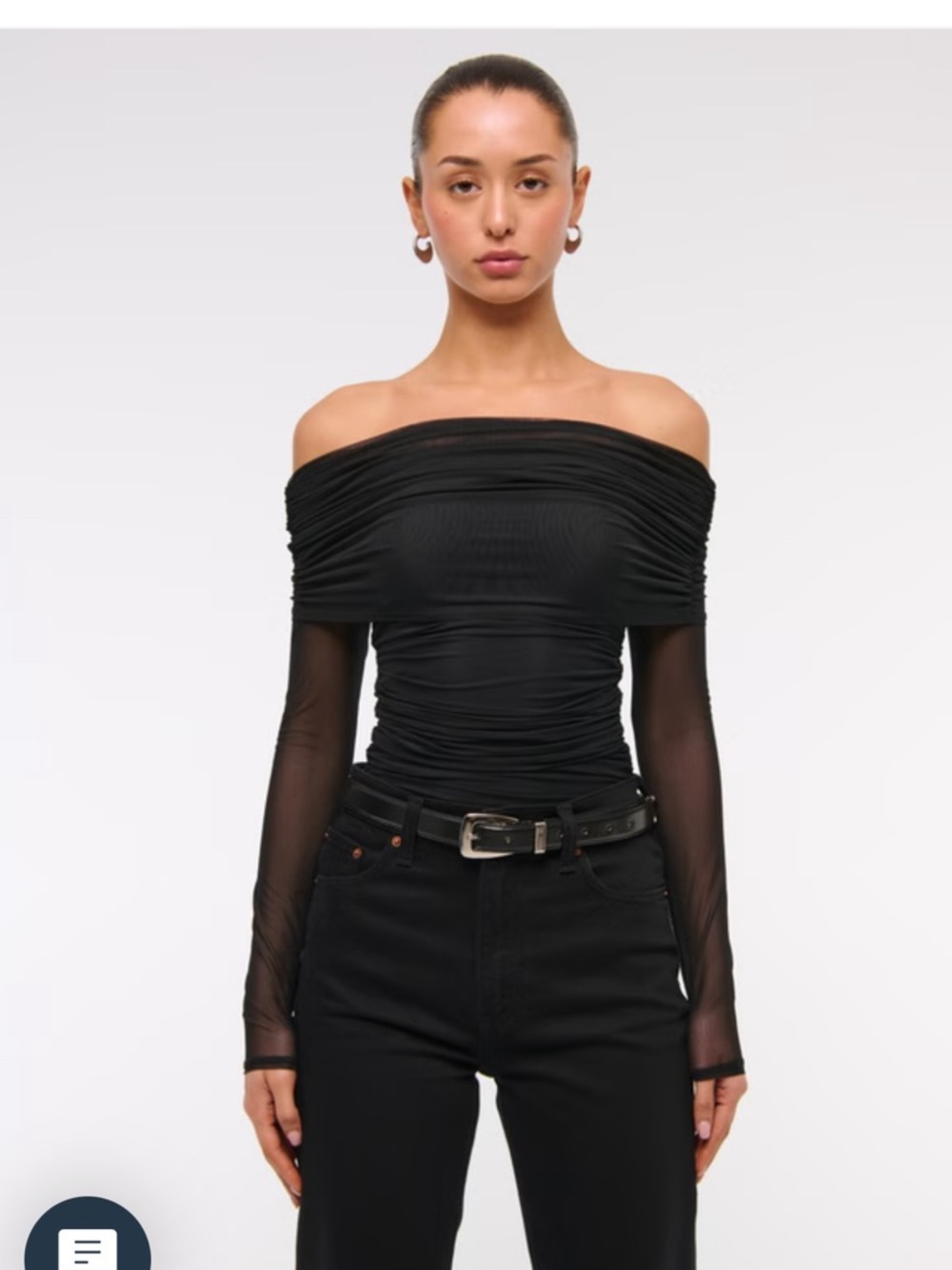 Abercrombie & Fitch Off-Shoulder Black Ruched Bodysuit with Sheer Sleeves